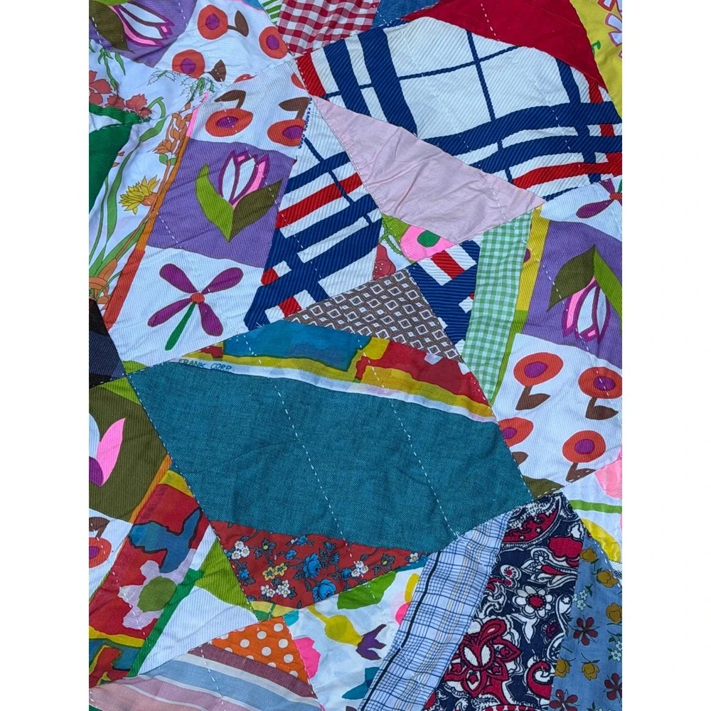 Vintage Handmade Crazy Quilt Patchwork Multi Color Mixed Pattern Folk Art Throw